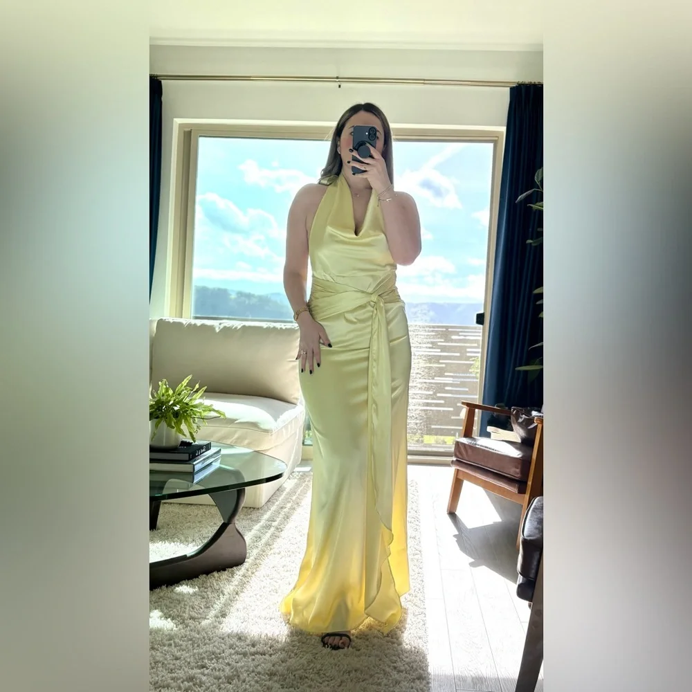 NWT -Yellow Satin Halter Maxi Dress Wedding Guest Prom (Medium) - Picture 5 of 8